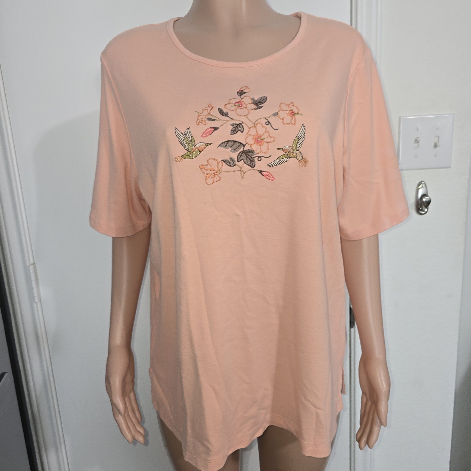 VTG Bon Worth Hummingbird Floral Embroidered Granny Shirt Retro Casual Relaxed