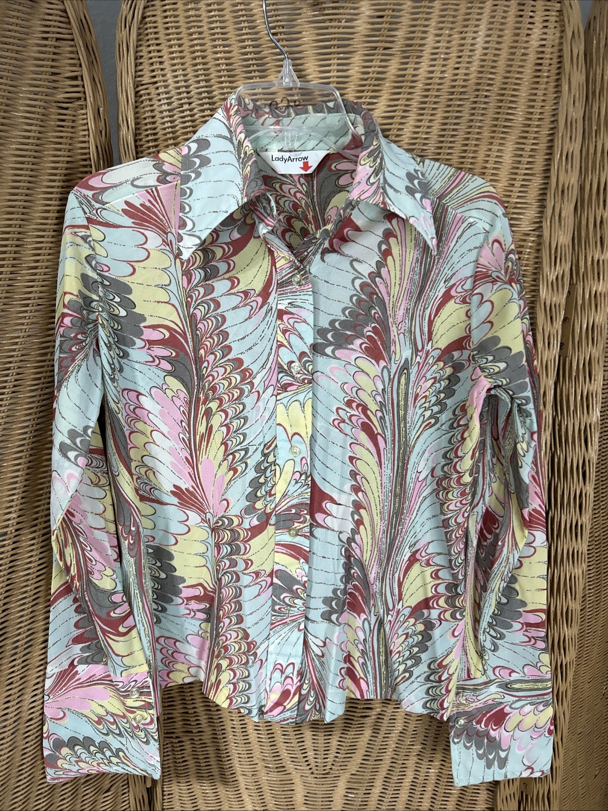 1970s Lady Arrow Multicolor Polyester Dagger Collar Shirt Disco Hippy 70’s