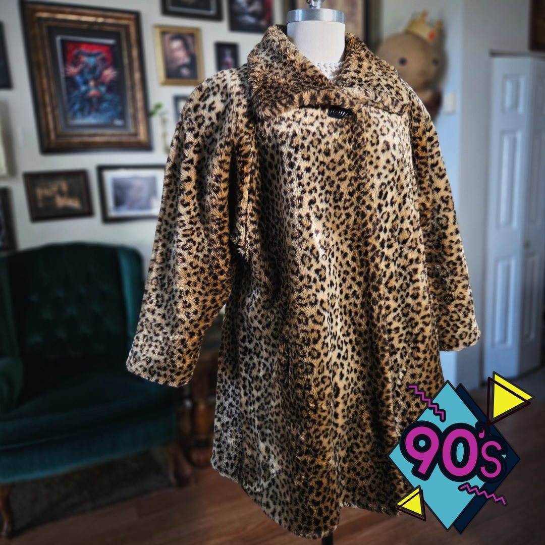 Donnybrook Faux Fur Leopard Coat Vintage 90s Animal Print Jacket XS