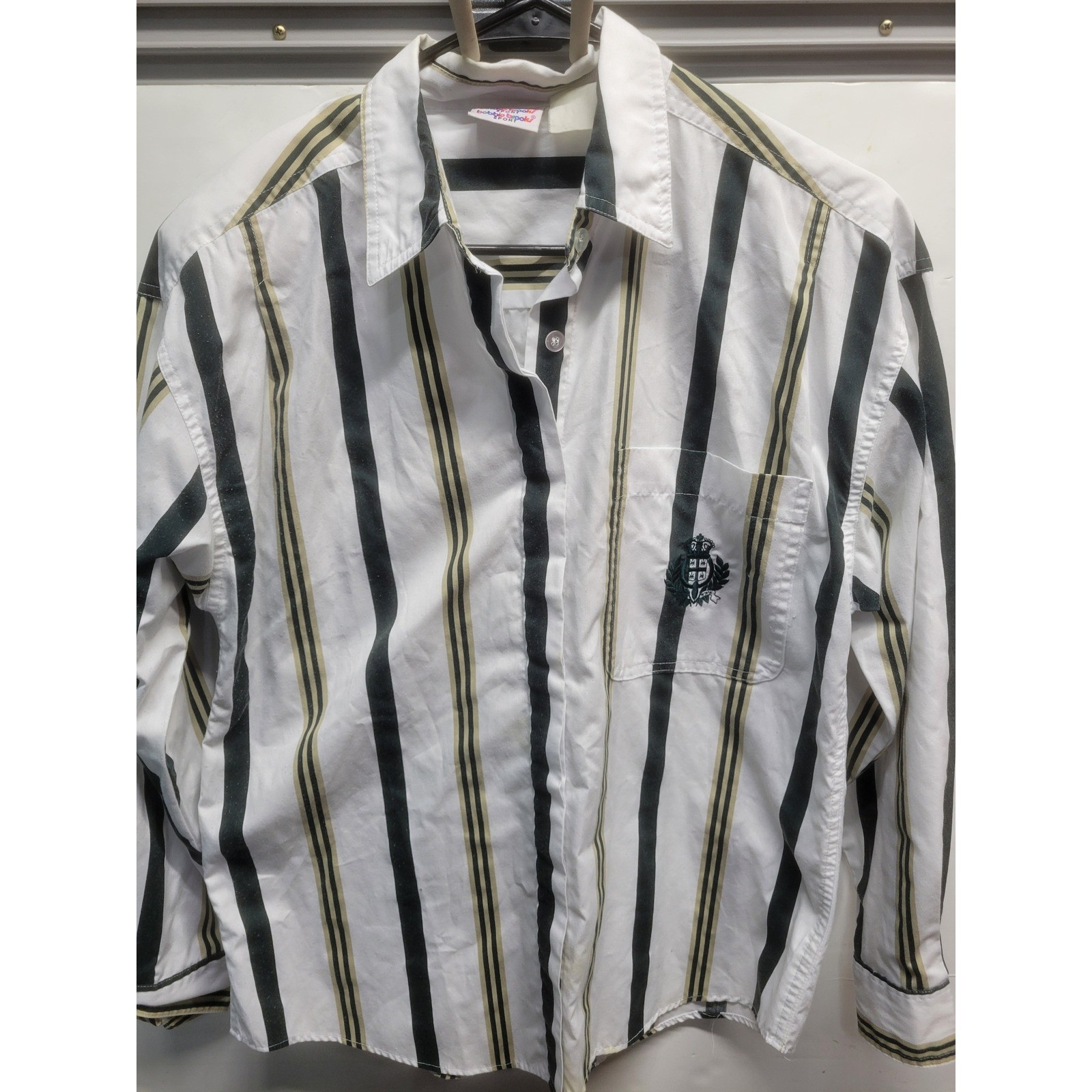 Bobbie Brooks Sport Striped Button Down Shirt White Green Tan Embroidered Crest