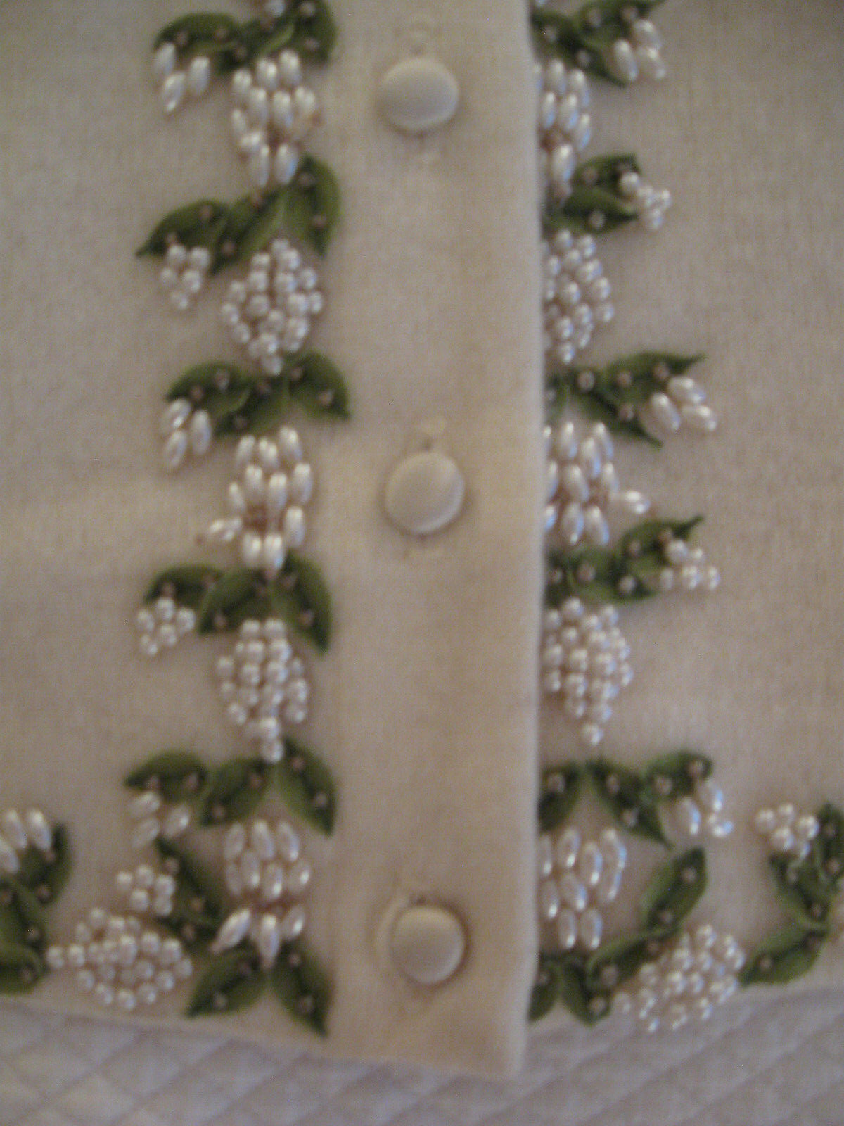 Vintage Dalton Virgin Cashmere Cardigan Sweater- Ivory, Silk Applique & Beadwork