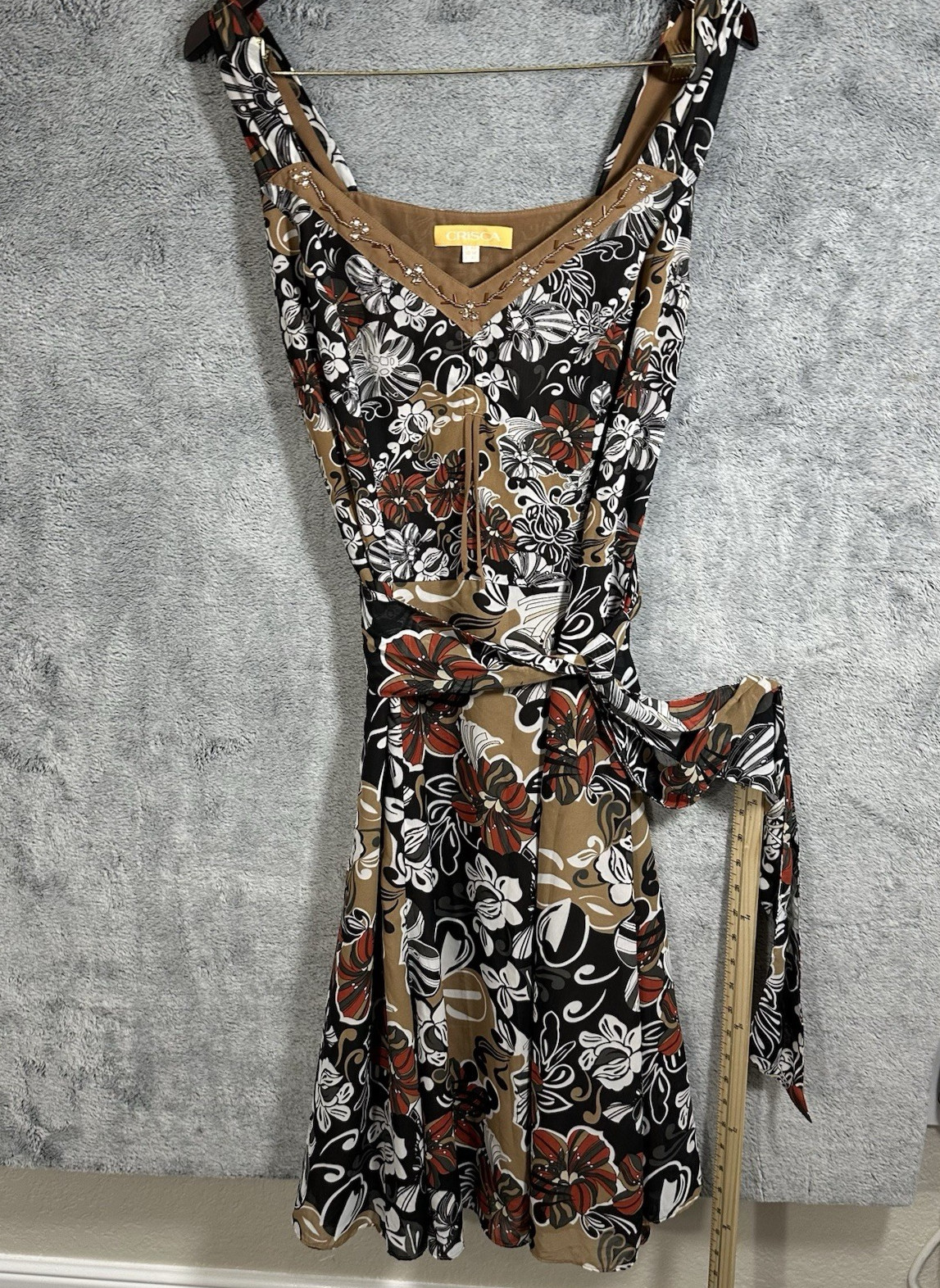 Vintage Crisca Women’s Dress US 40=Size 8/10 Floral Neck Beaded Flowy Retro Boho
