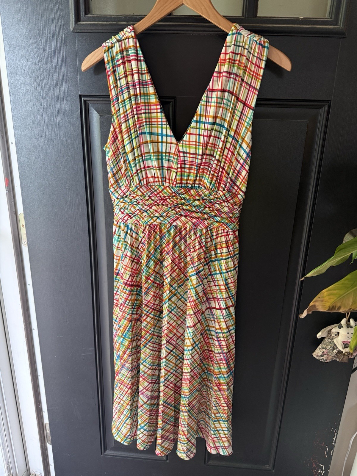 Vintage 80’s Suzi Chin Maggie Boutique Midi Dress 6 Picnic Rainbow Plaid Pleated