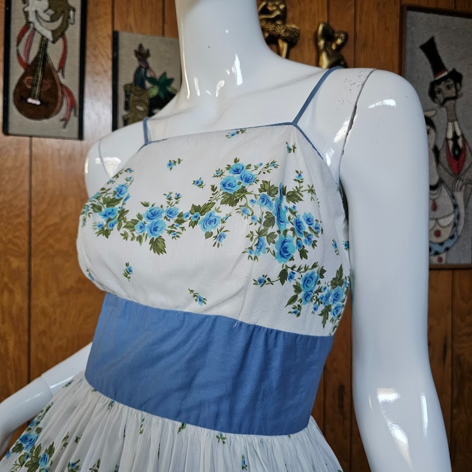 Vintage 50s Aqua Olive Cabbage Rose Voile Sheer Circle Skirt Party Prom Dress S