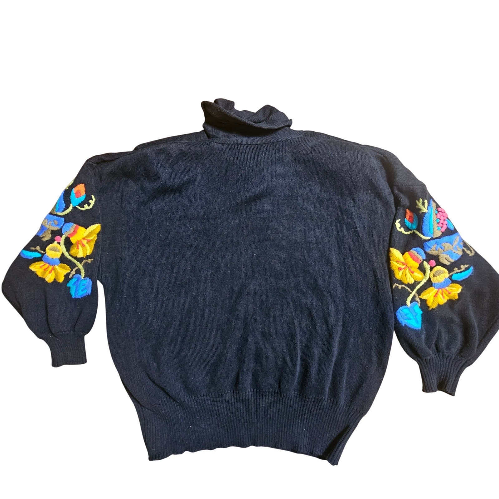 Vintage 80s Bonnie Boerer Floral Embroidered Knit Shawl Neck Sweater L Statement
