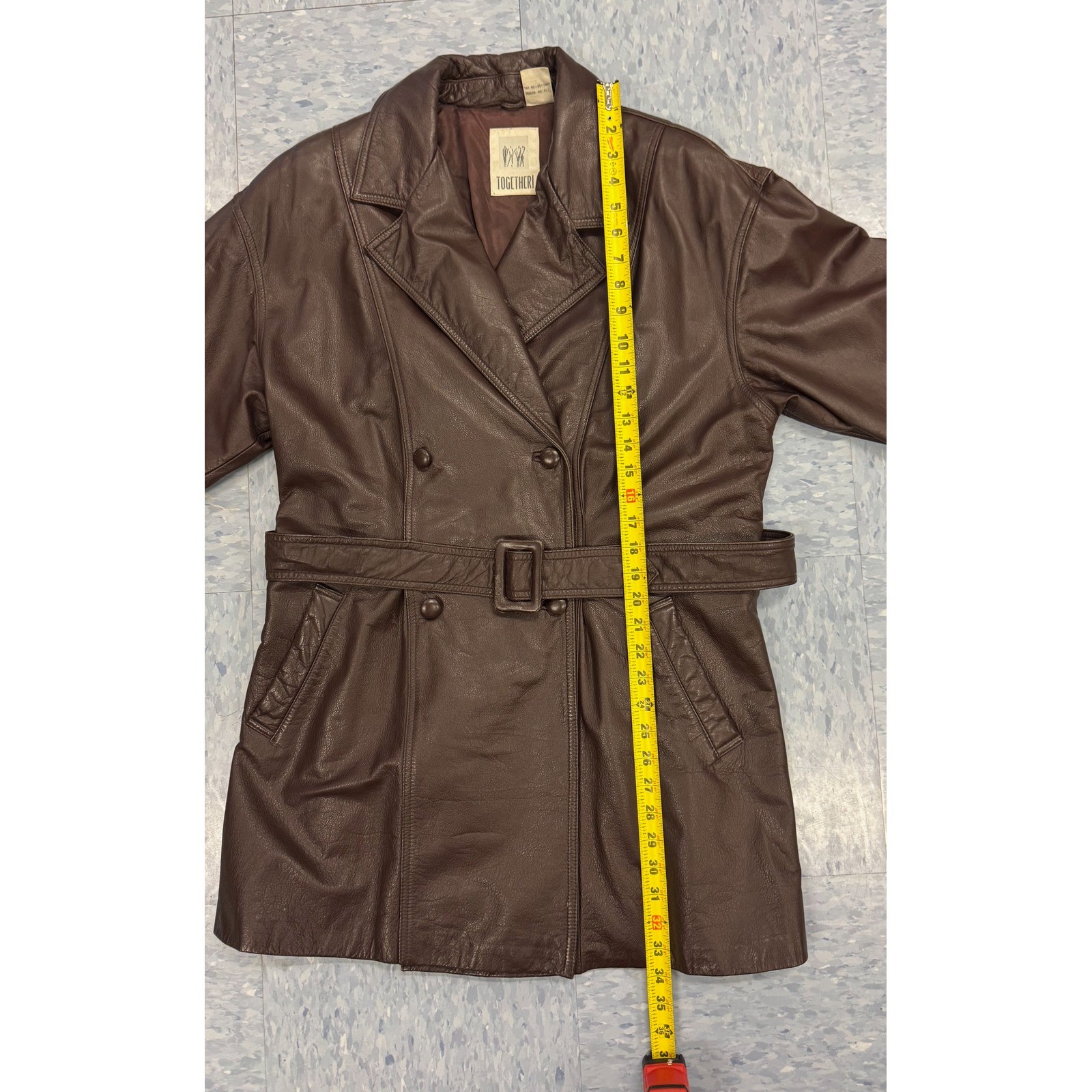 Together! Vintage Brown Leather Trench Coat Double Breasted Belted Jacket Large