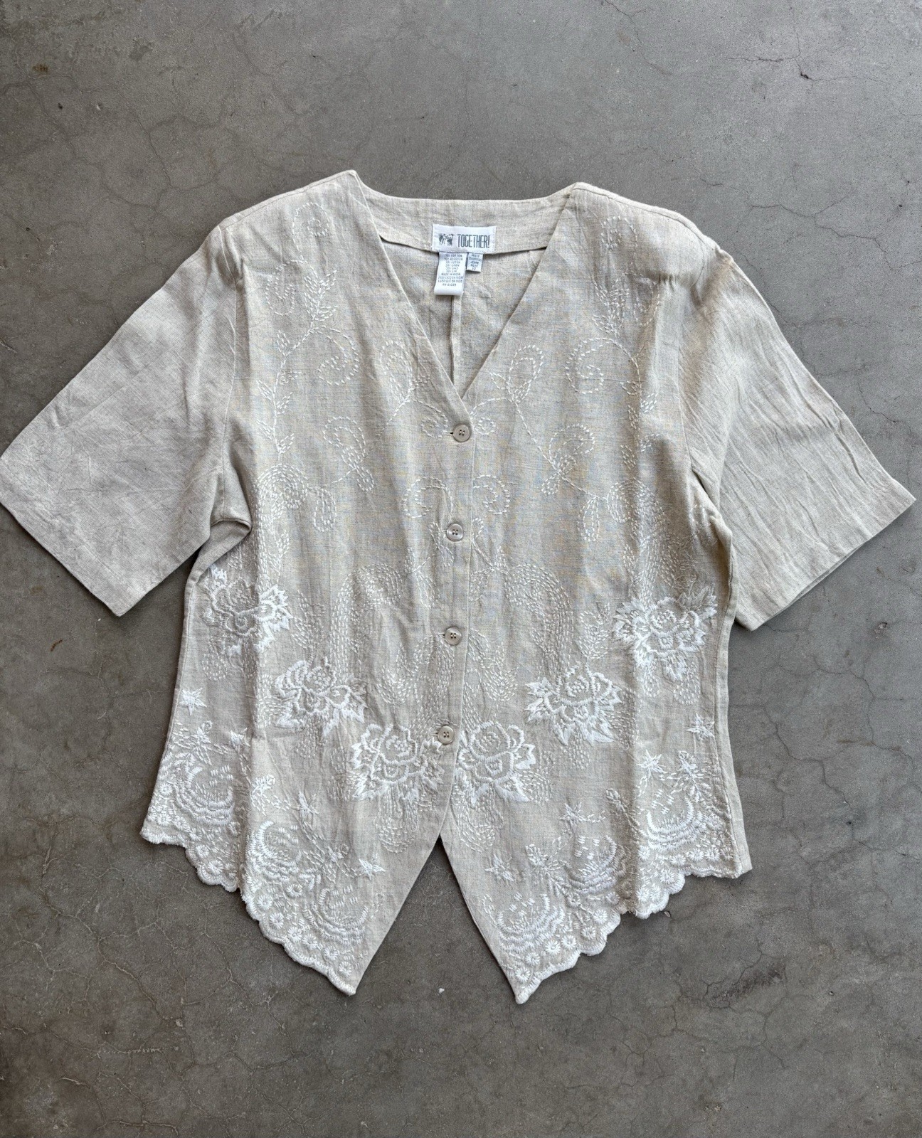 Vintage 1990s Linen/Cotton Embroidered Scalloped Hem Size 12 Padded Shoulder