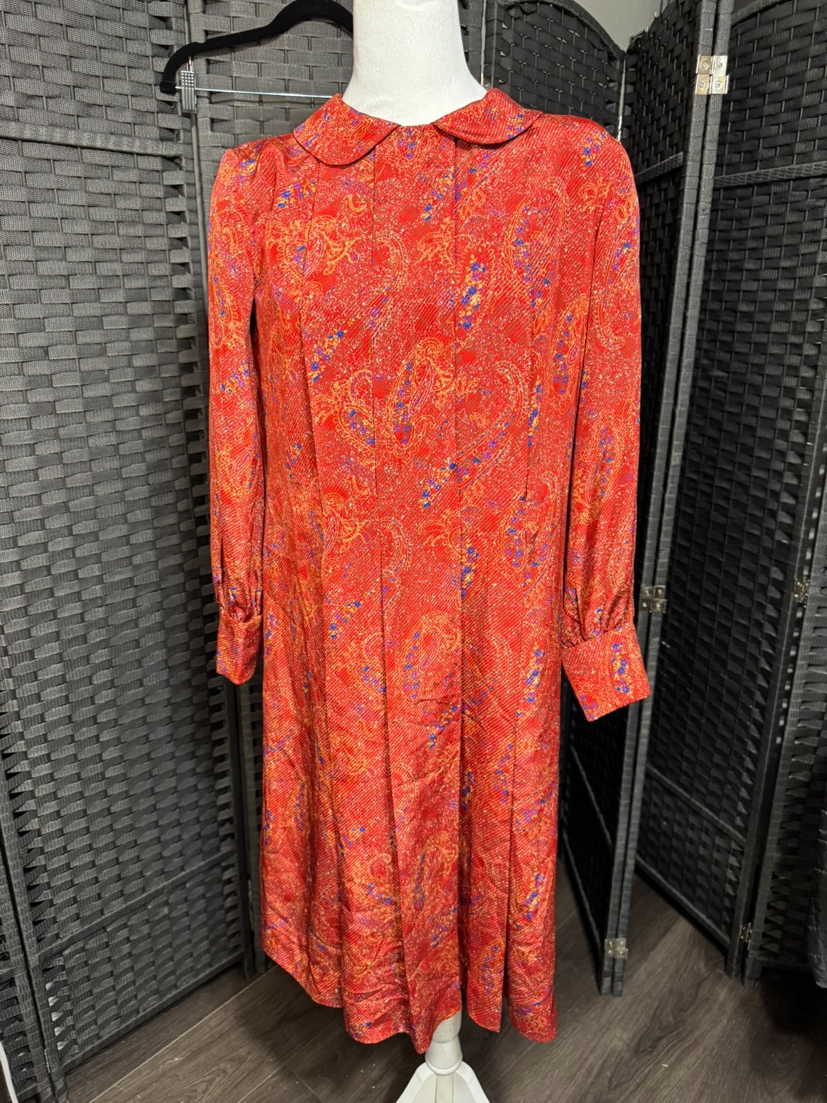 Vintage Red Paisley Dress L Long Sleeve Curved Collar Boho Retro Chic