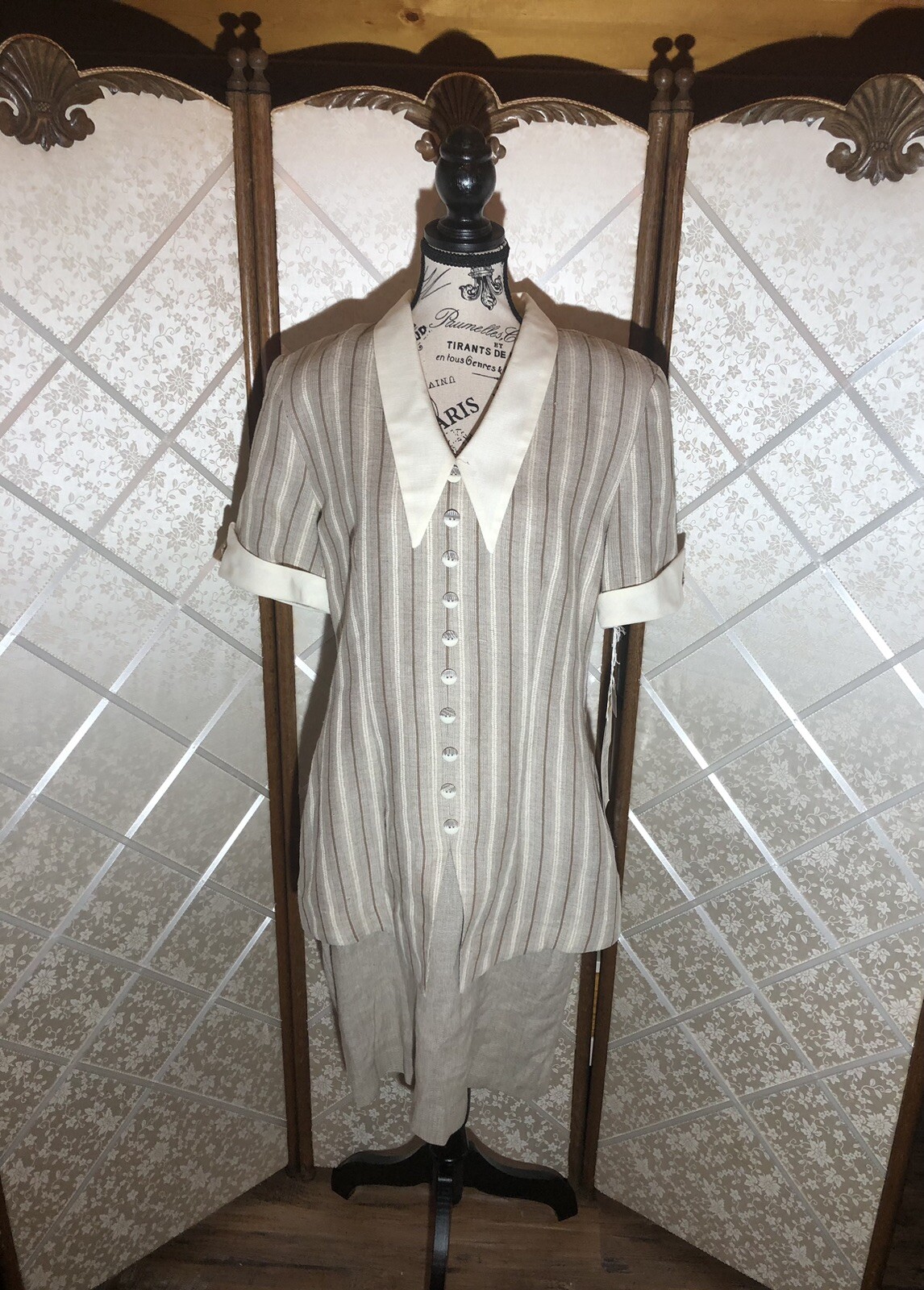 Vintage 1980s Julian Taylor Womens Sz 14 Beige Cream Stripe Linen Suit Dress