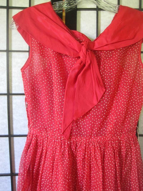 Vintage 1950s Sheer Dress Red White Swiss Dots Sailor Look Rhinestones 32 XS S