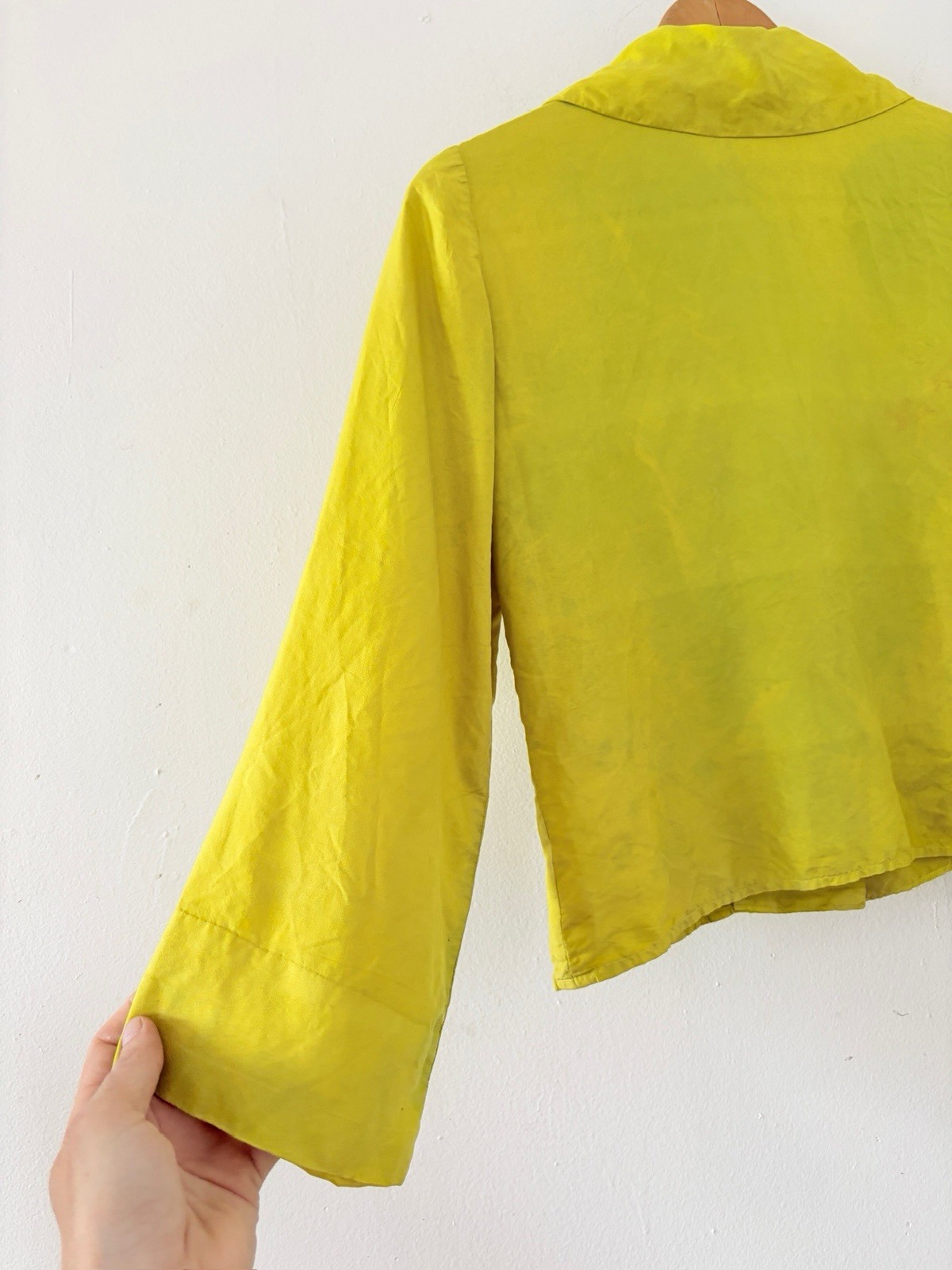 Vintage Antique 1920s 1930s Chartreuse Silk Trumpet Sleeve Blouse Shell Button S