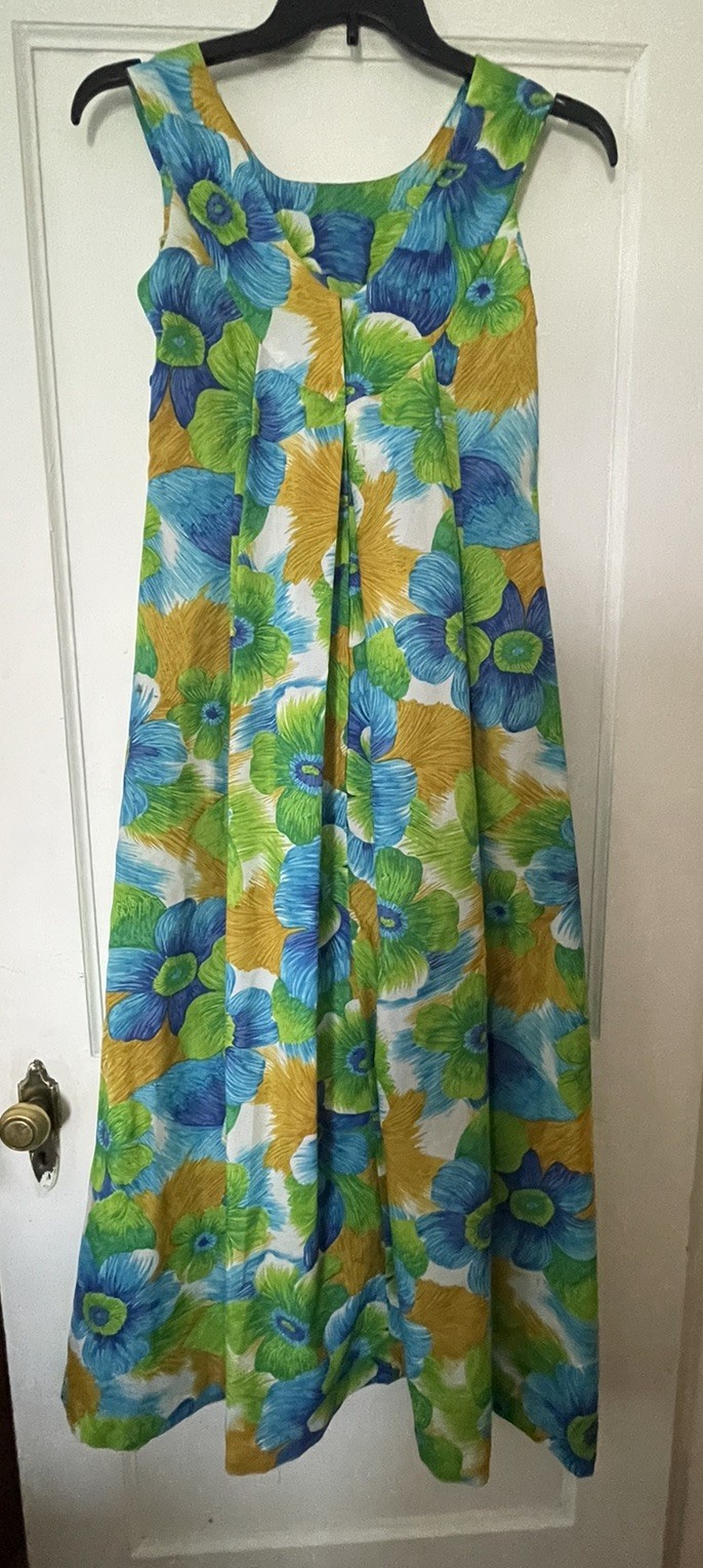 Vintage 70s Pomare Hawaiian Blue Green Floral Tiki Muumuu Maxi Dress Sz 12