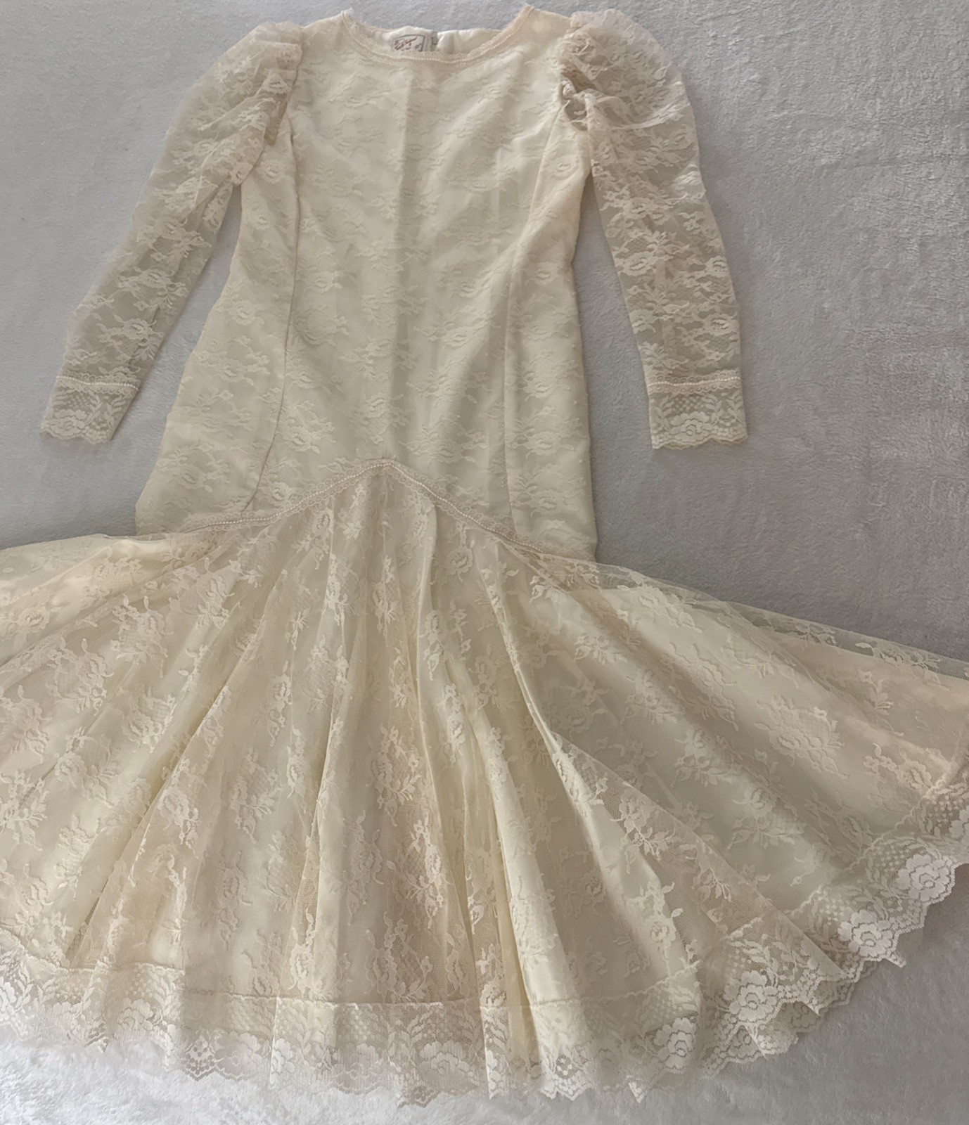 Vintage Handmade Ivory Mermaid Style Drop Waist Wedding Dress Lace Pearl S/M