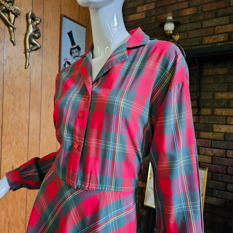 Vtg 80s Tartan Plaid Rockabilly Cowpunk Shirtwaist Full Skirt Swing Dress L/XL