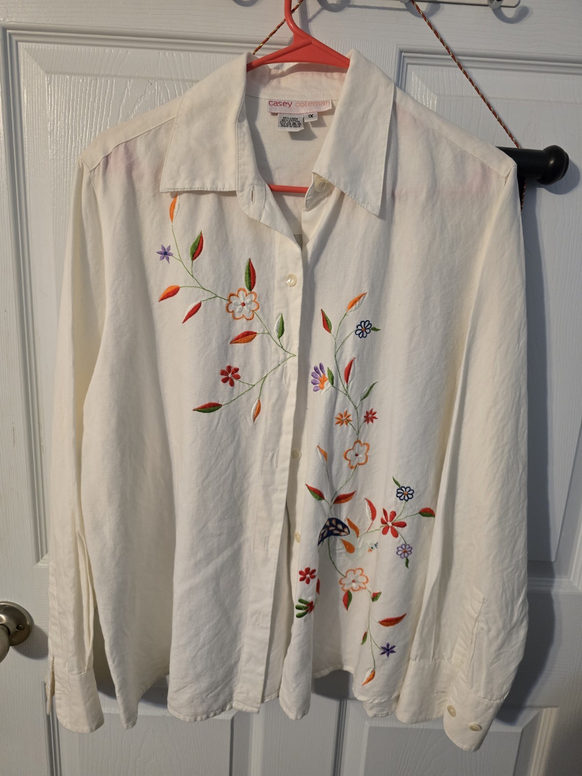 VTG Casey Coleman Embroidered Peacock Floral Linen Button Up Shirt Womens 1X