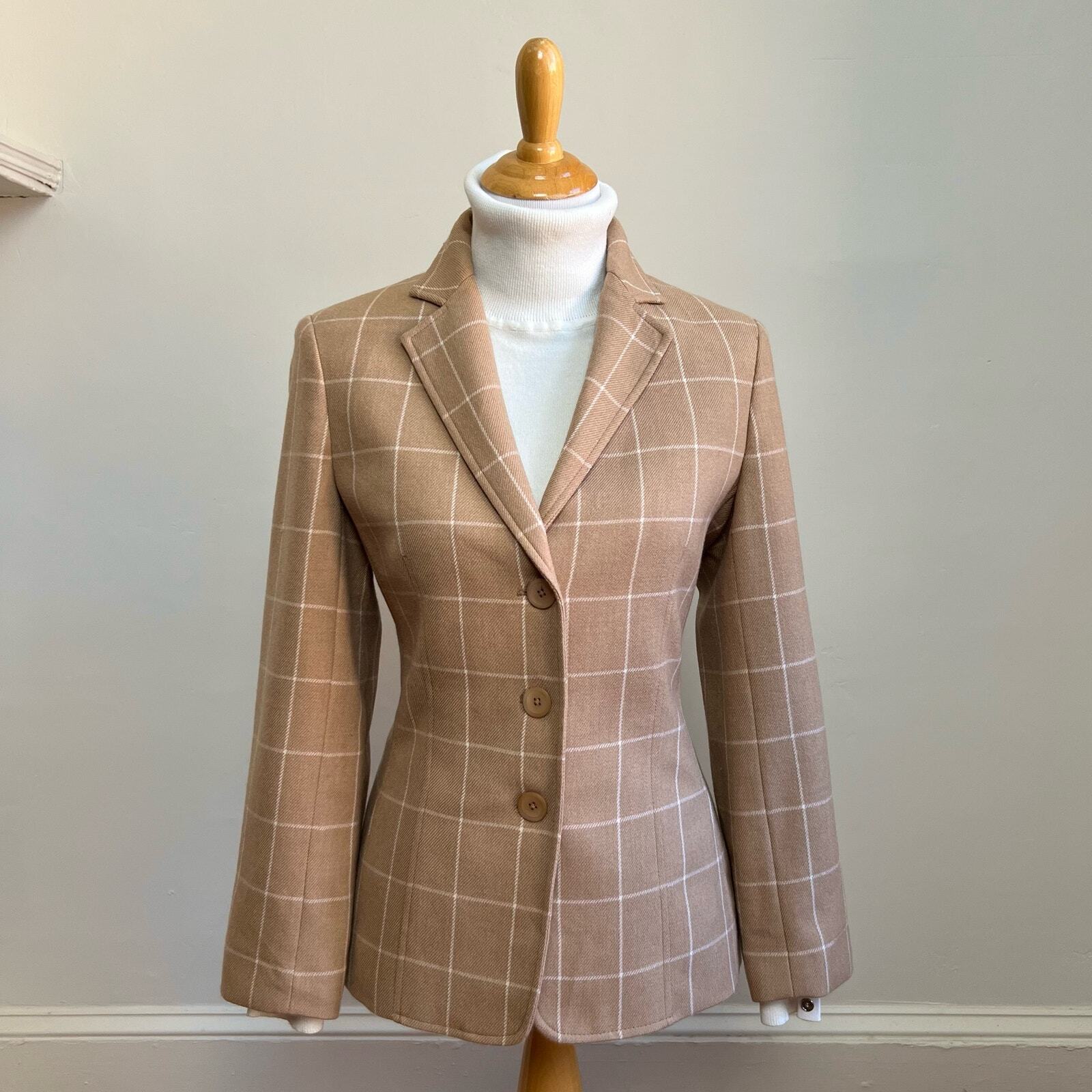 Vintage Talbots Wool Cashmere Tan Brown Plaid Windowpane Blazer Jacket Women 10P