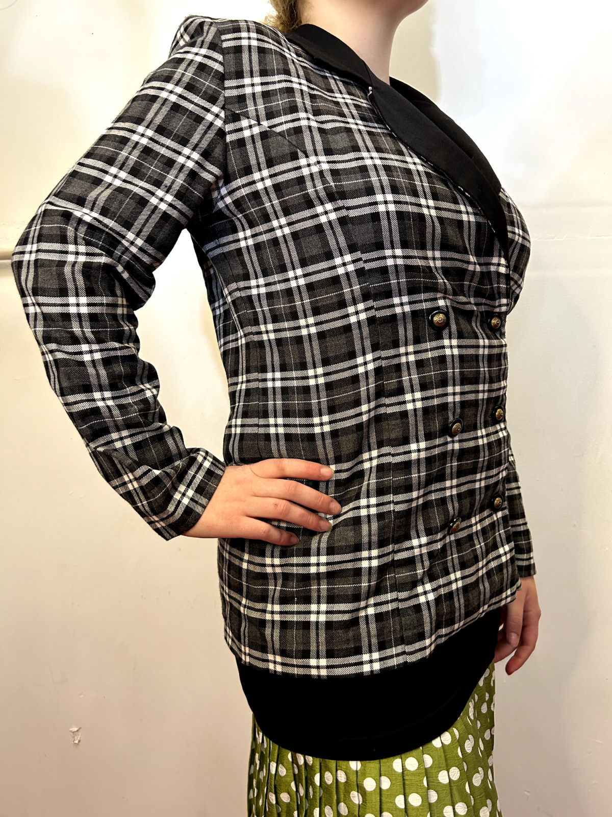 Vintage Australian 1980s Ozti Black White Plaid Blazer Double Breasted AU 8/S