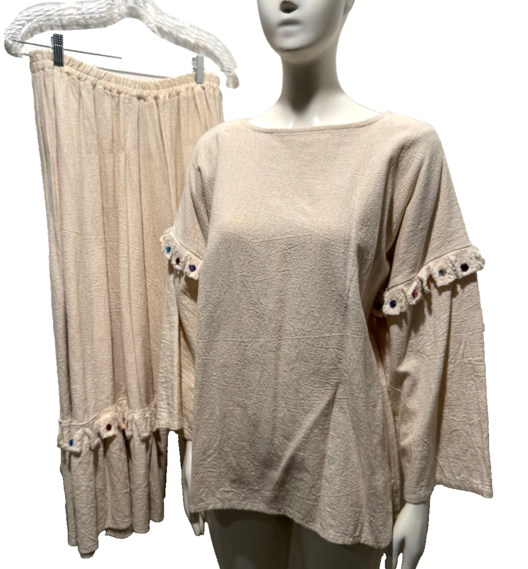 Vtg Alfredo’s Wife 2 Pc Skirt Top Set Fringed Beaded Boho Hippie Festival XS/S