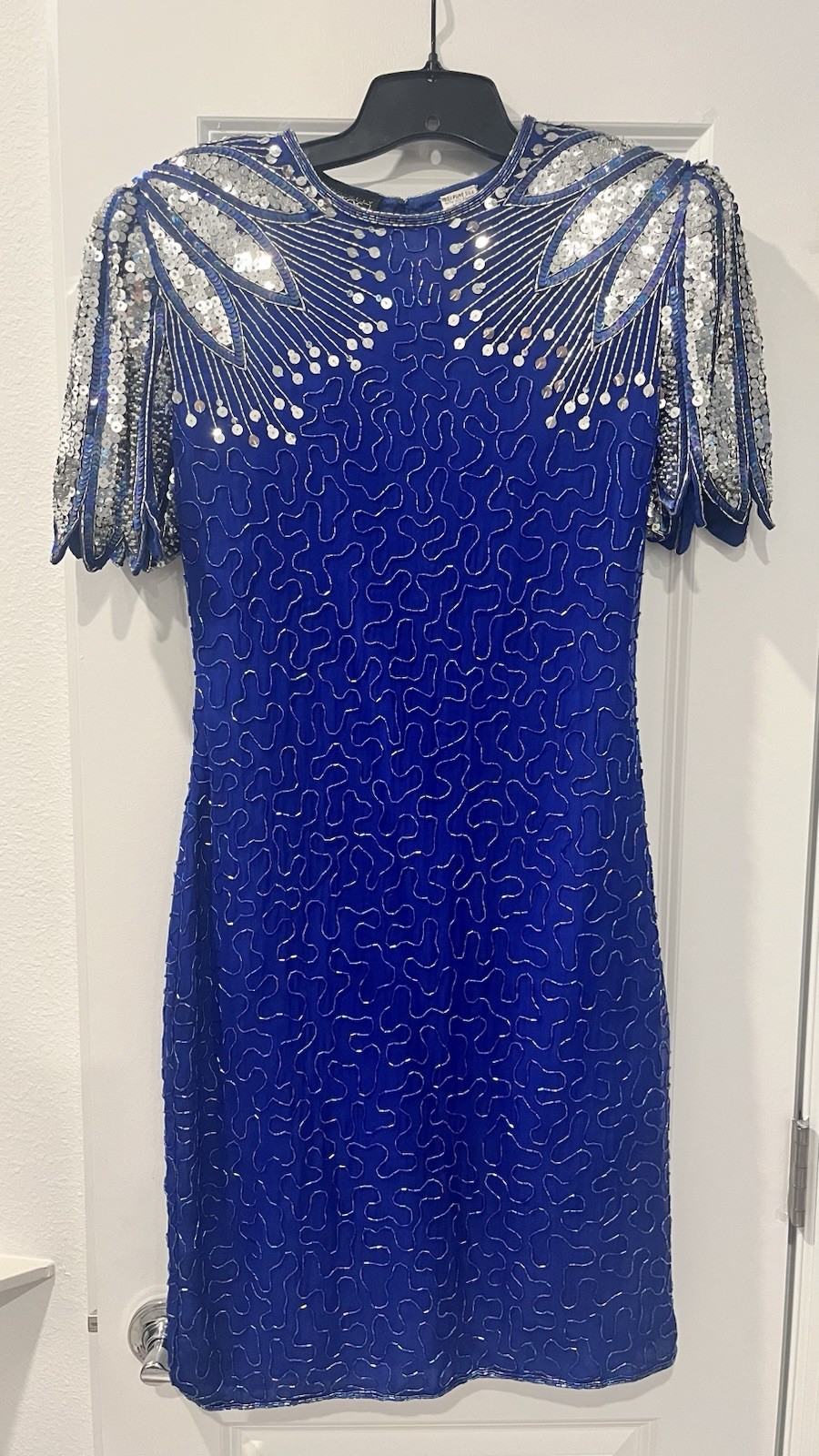 Vintage Gantos Blue 100% Pure Silk Sequin Short Sleeve Cocktail Dress – Medium