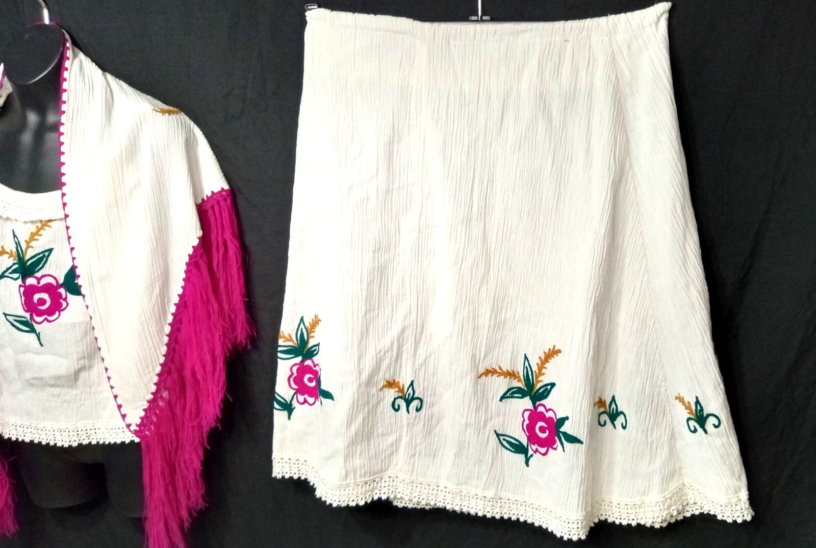 Mediterranean VTG Embroidered Floral & Fringes Women’s Outfit skirt top scarf