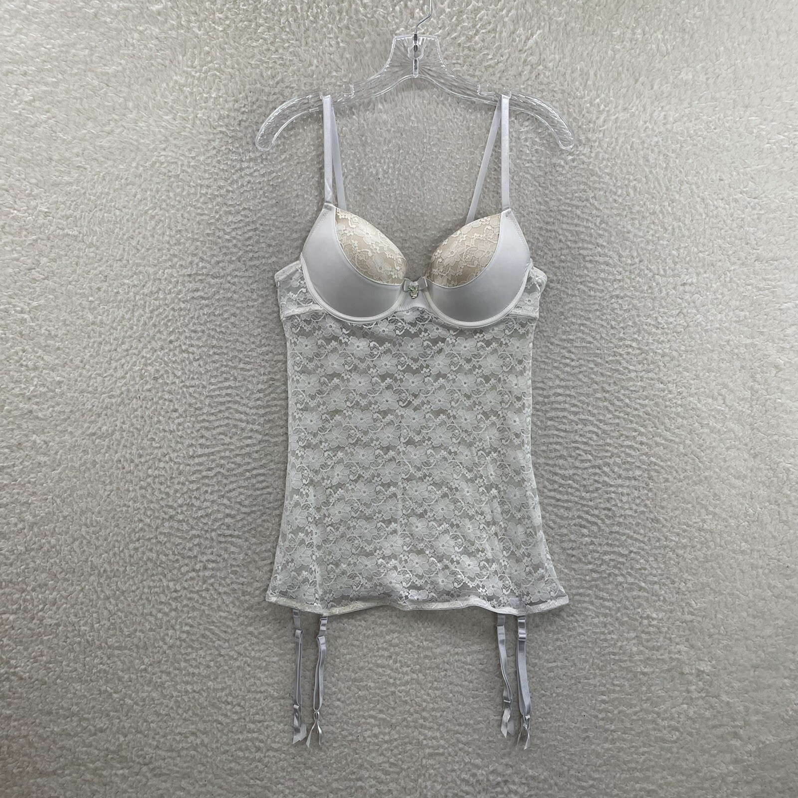 Y2K Vintage Playboy Bunny Lingerie Slip Large White Sheer Lace Padded Sexy