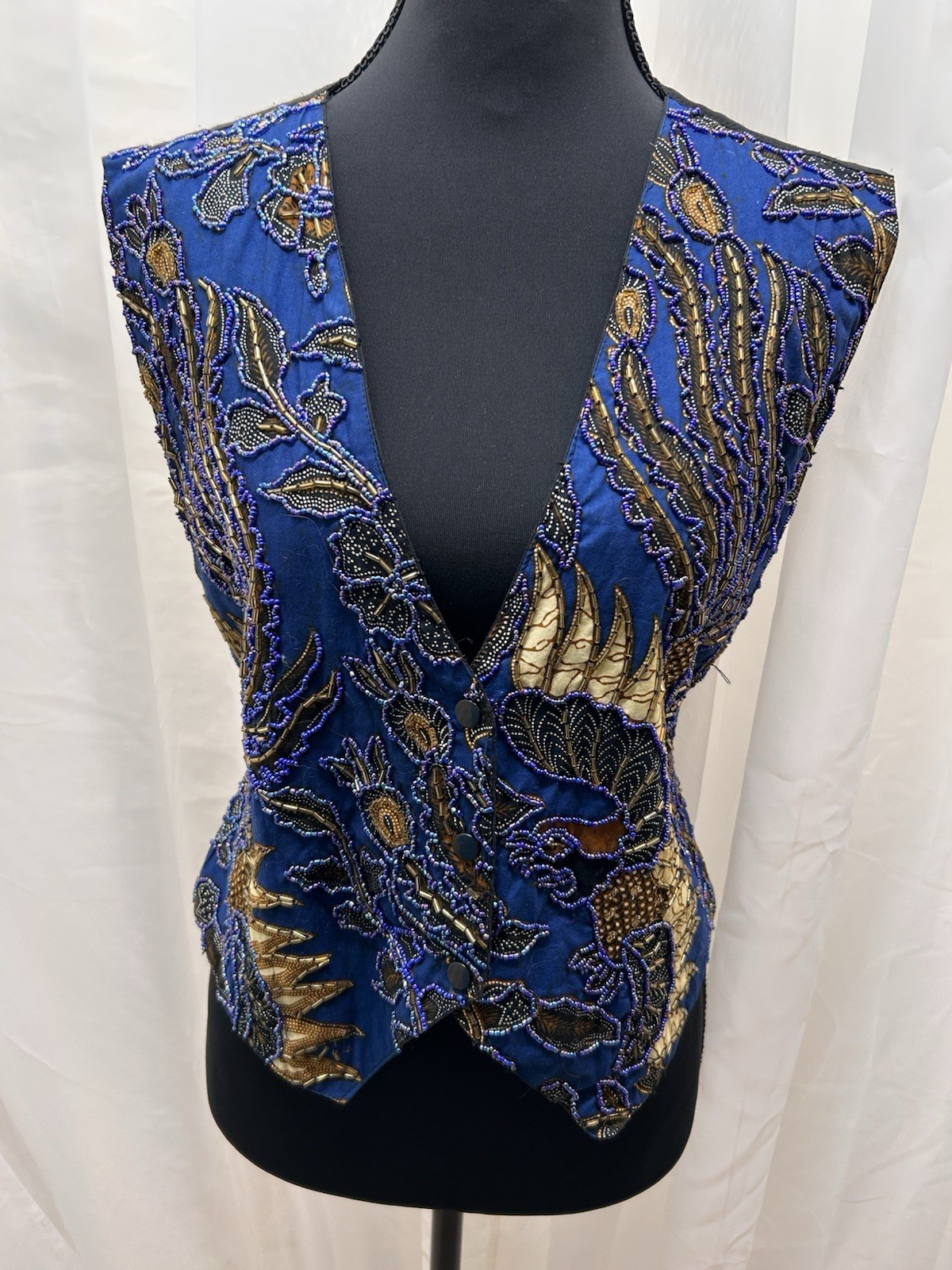 Vintage Tan Cita Womens M Blue Gold Beaded Embroidered Vest Boho Y2K Tie Back