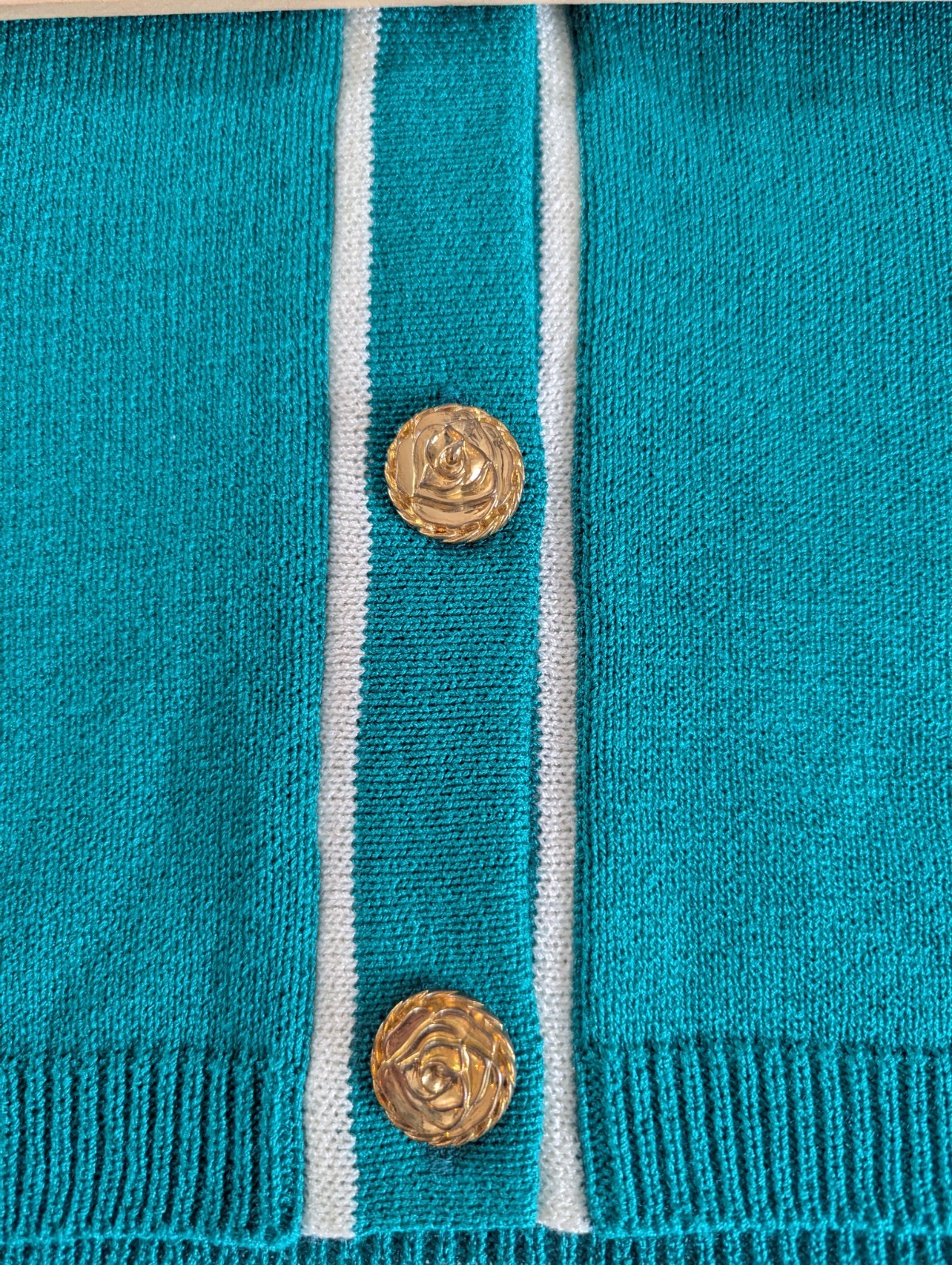 VTG Laura by Alyzia Teal & White V Neck Cardigan Women’s Sz S Made In the USA