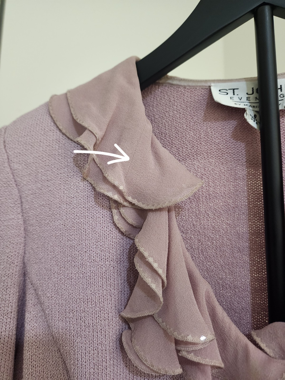 Vintage St John Evening By Marie Gray Pink Knit Ruffle Cardigan Jacket Sz 8 USA