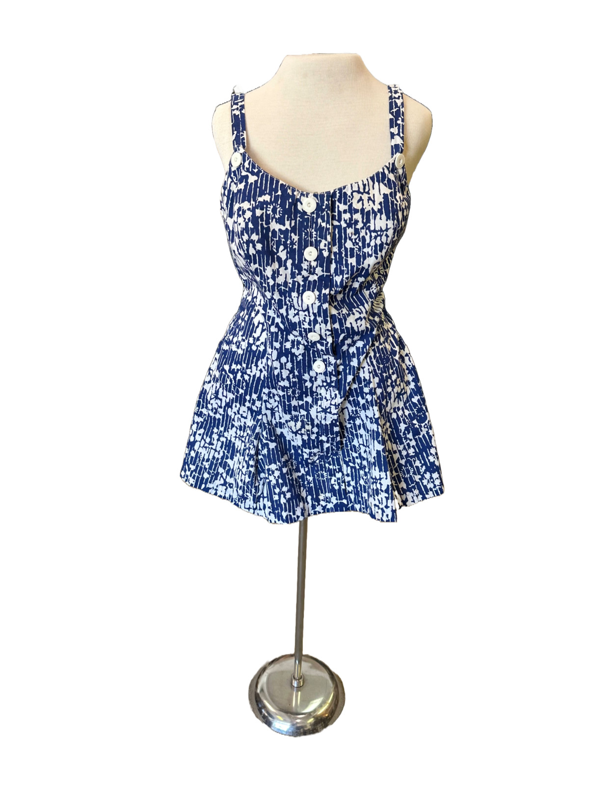 Vintage 1960s Gabar New York Blue Floral Printed Cotton Bathing Suit Swim Top