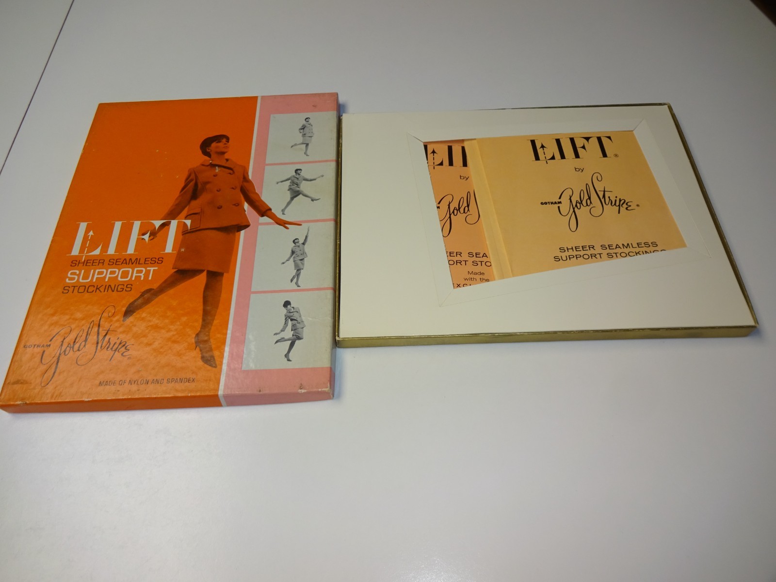 2 Pair Vintage Lift by Gotham Gold Stripe Support Stockings Size 10 Sunset NOS