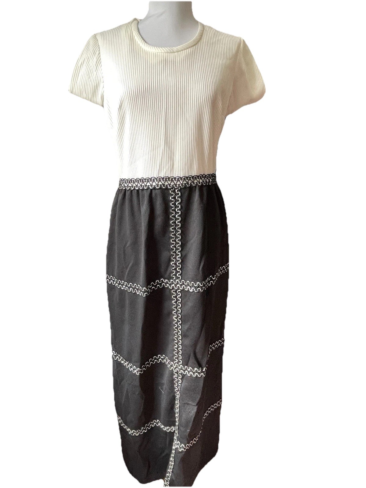 VTG 60s Black White Longsleeve Gown With Embellished Silver Trim Holly Golightly