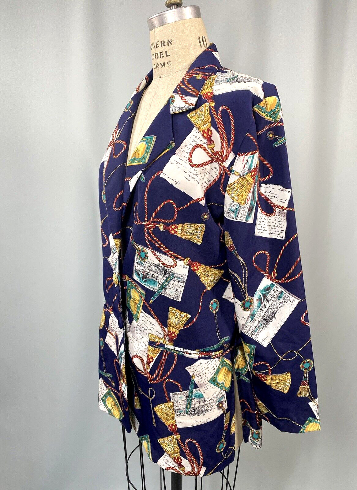 Vintage Women’s Jacket SIZE MEDIUM blue post card writing tassel 80s 90s