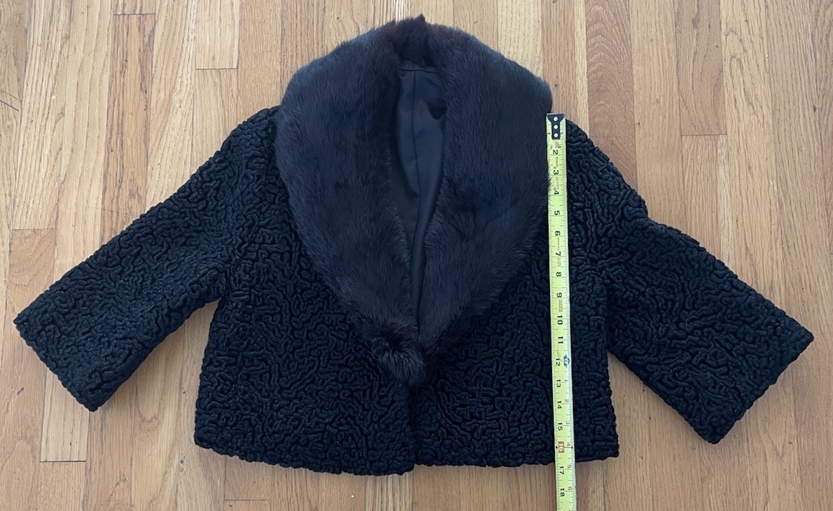 Vintage Black Persian Lamb Curly Wool Short Jacket Fur Collar 3/4 Sleeves