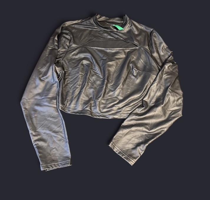 Mandee Black Metallic Lurex Crop Top Vintage Stretch Ruched Sleeve Leather