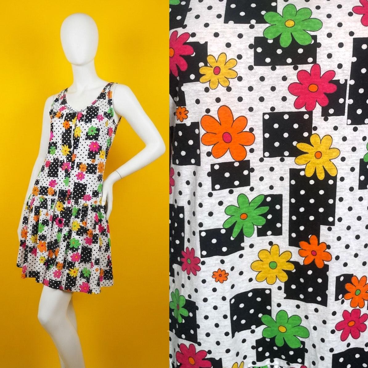 Vintage 1980s/90s Funky Floral Polka Dot Drop Waist Dress Size S/M