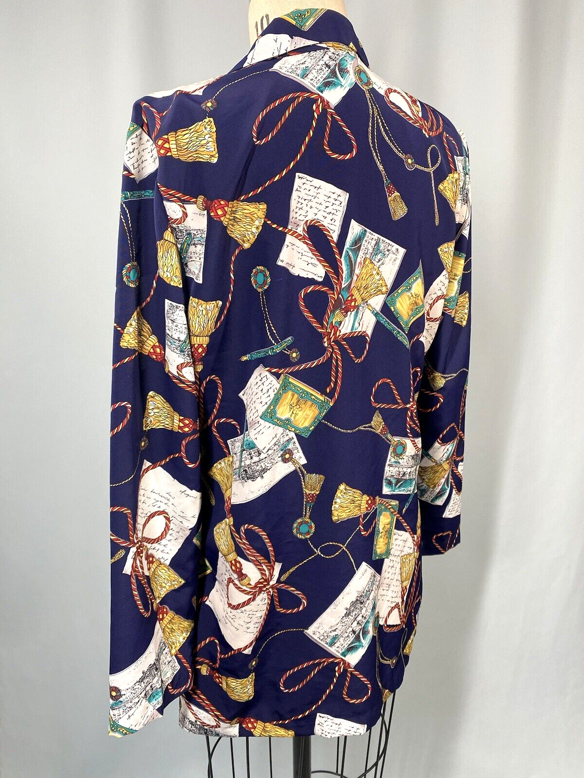 Vintage Women’s Jacket SIZE MEDIUM blue post card writing tassel 80s 90s