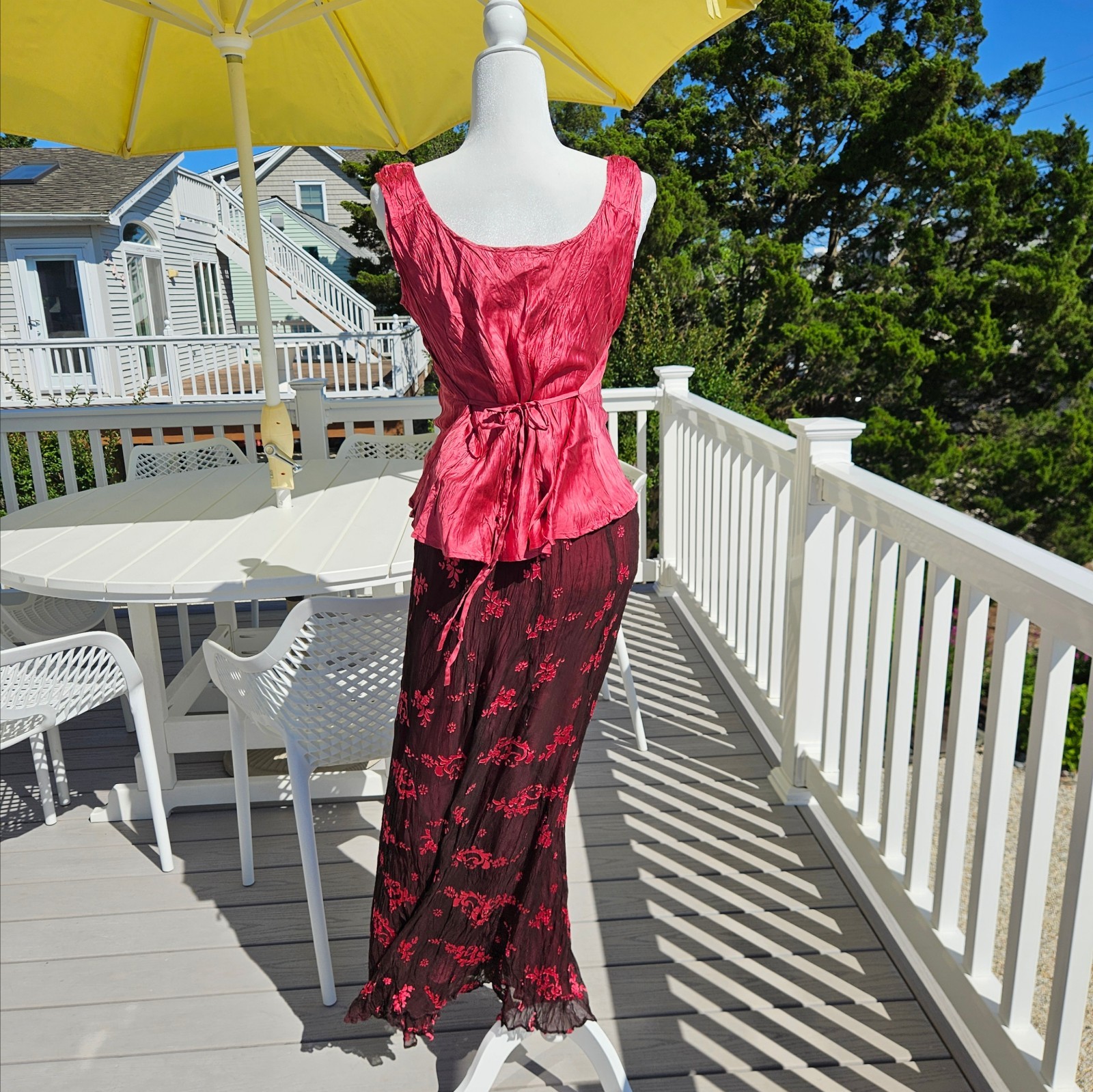 VTG Y2K Monsoon 100% Silk Embellished Rhinestone Bias Cut Cami Top And Skirt Set