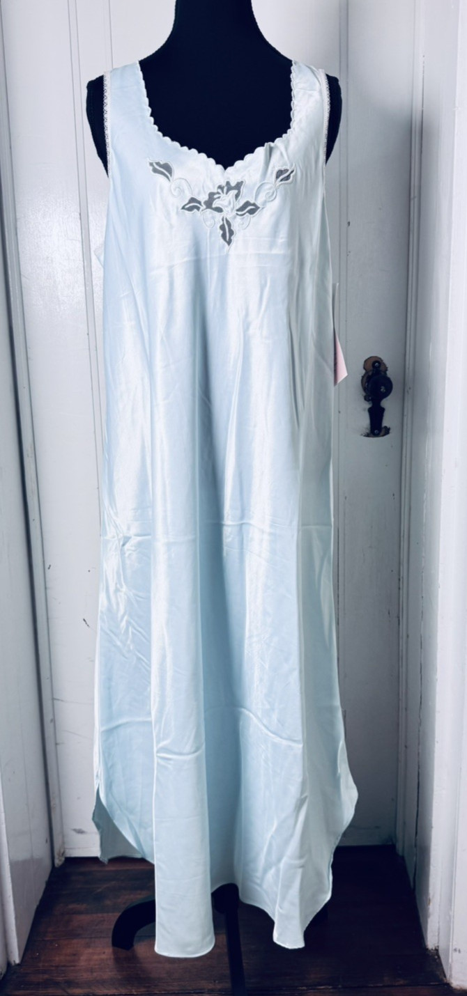 Vintage Barbizon Aqua Robe & Nightgown Set NWT Large Satin Lace Trim 80s Boudoir