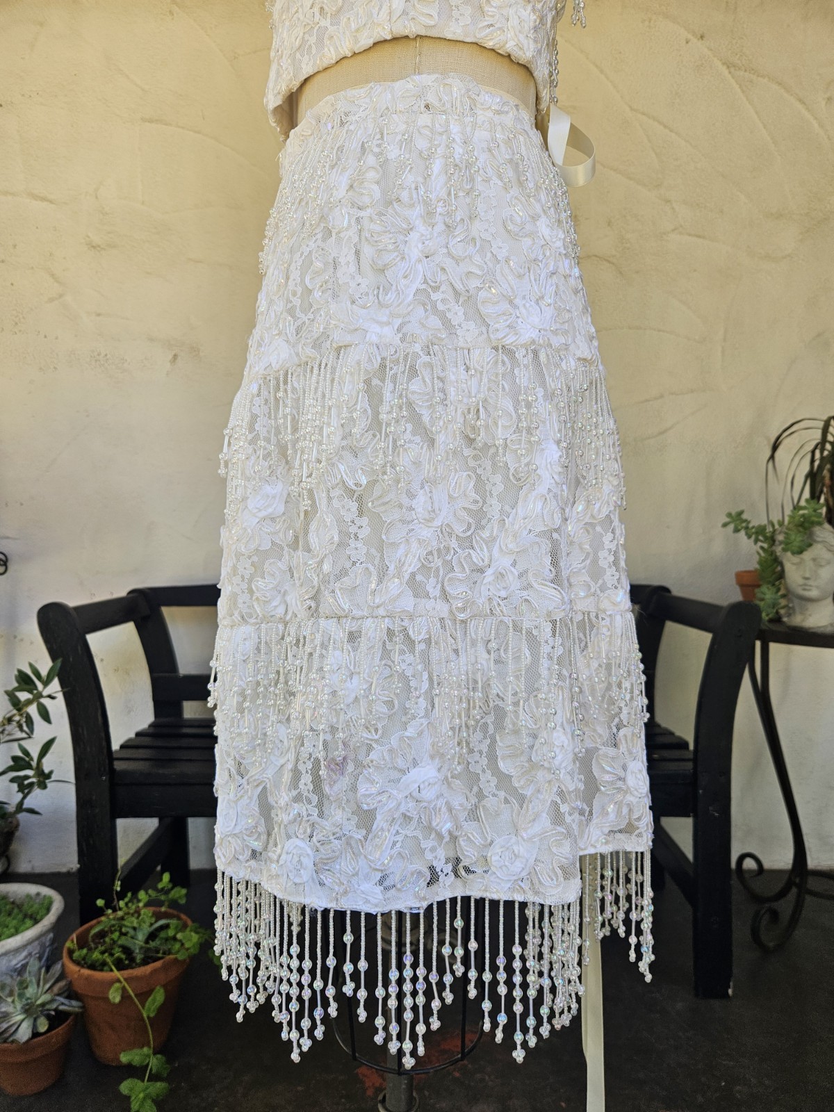 Vintage 1980s 2 Pic Wedding Dress Beaded Fringe Lace Bridal Bustier And Skirt L