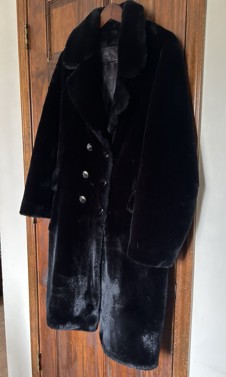 Vintage Borgana Black Faux Fur Plush Coat Double Breasted Women’s Sz M 42”