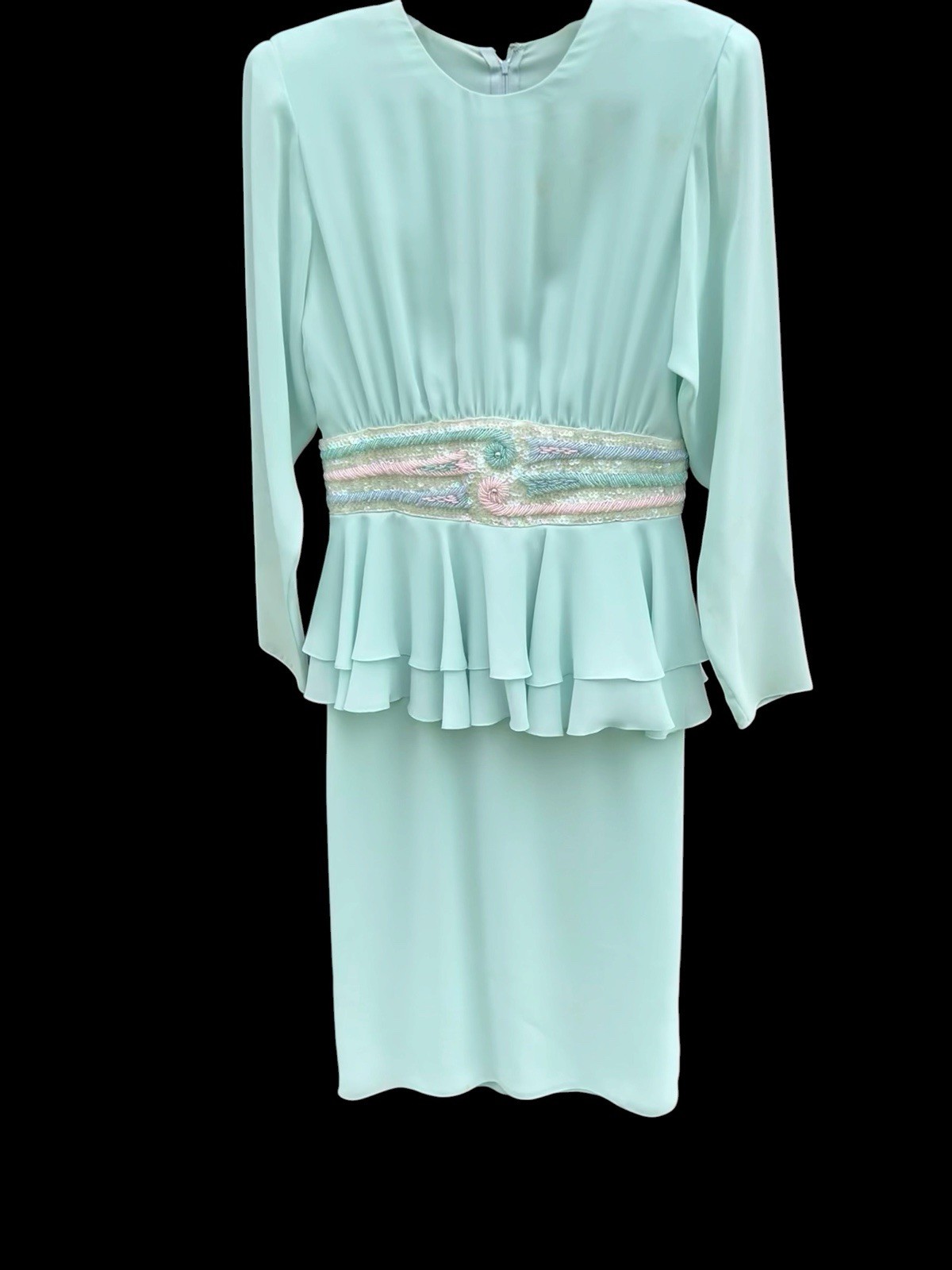 Vintage Mint/Seafoam Formal Chiffon Embroidery Beaded Dress Size 10 no Tags