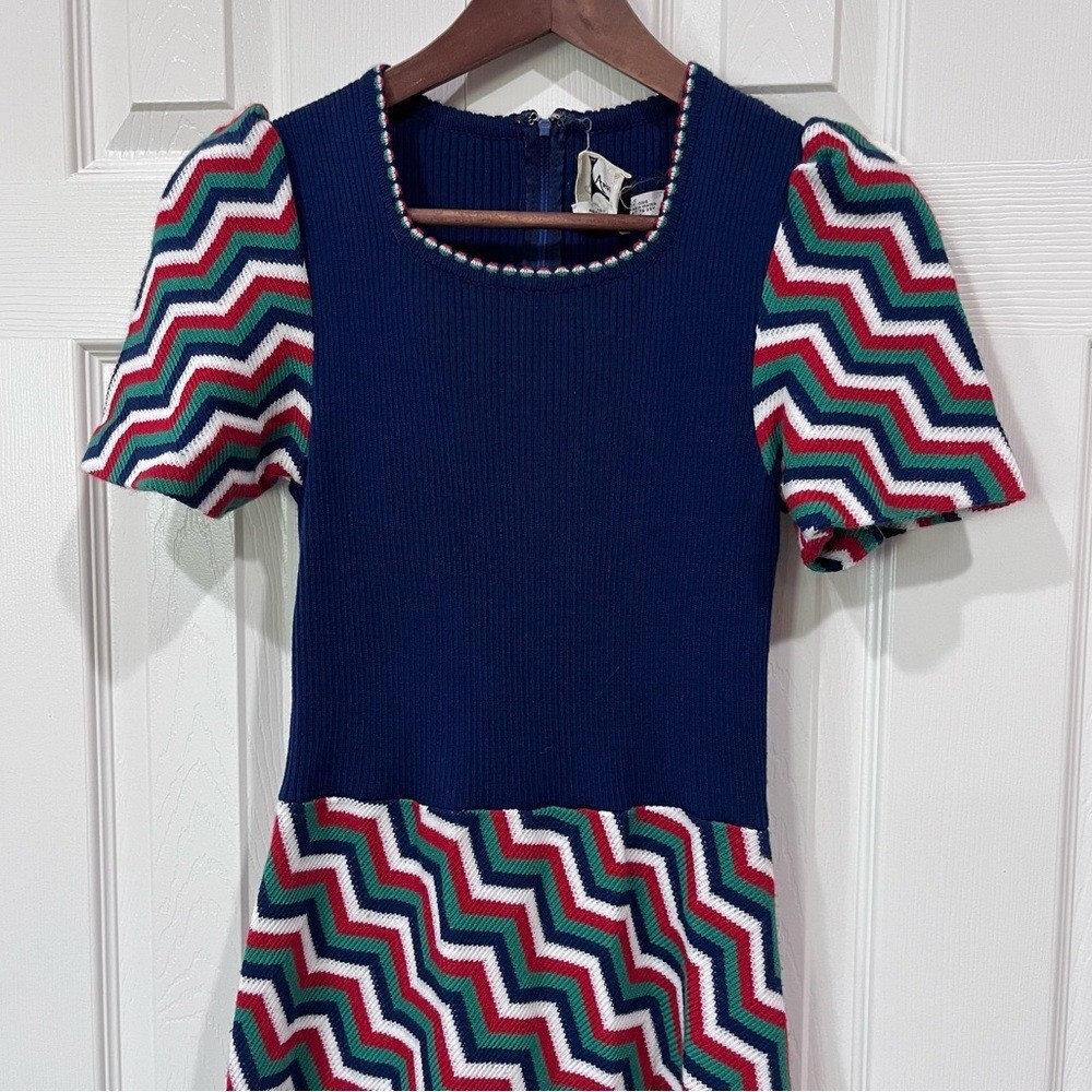 Vintage 1970s Aristo Kat Blue Multicolor Chevron Ribbed Knit Maxi Dress Size 12