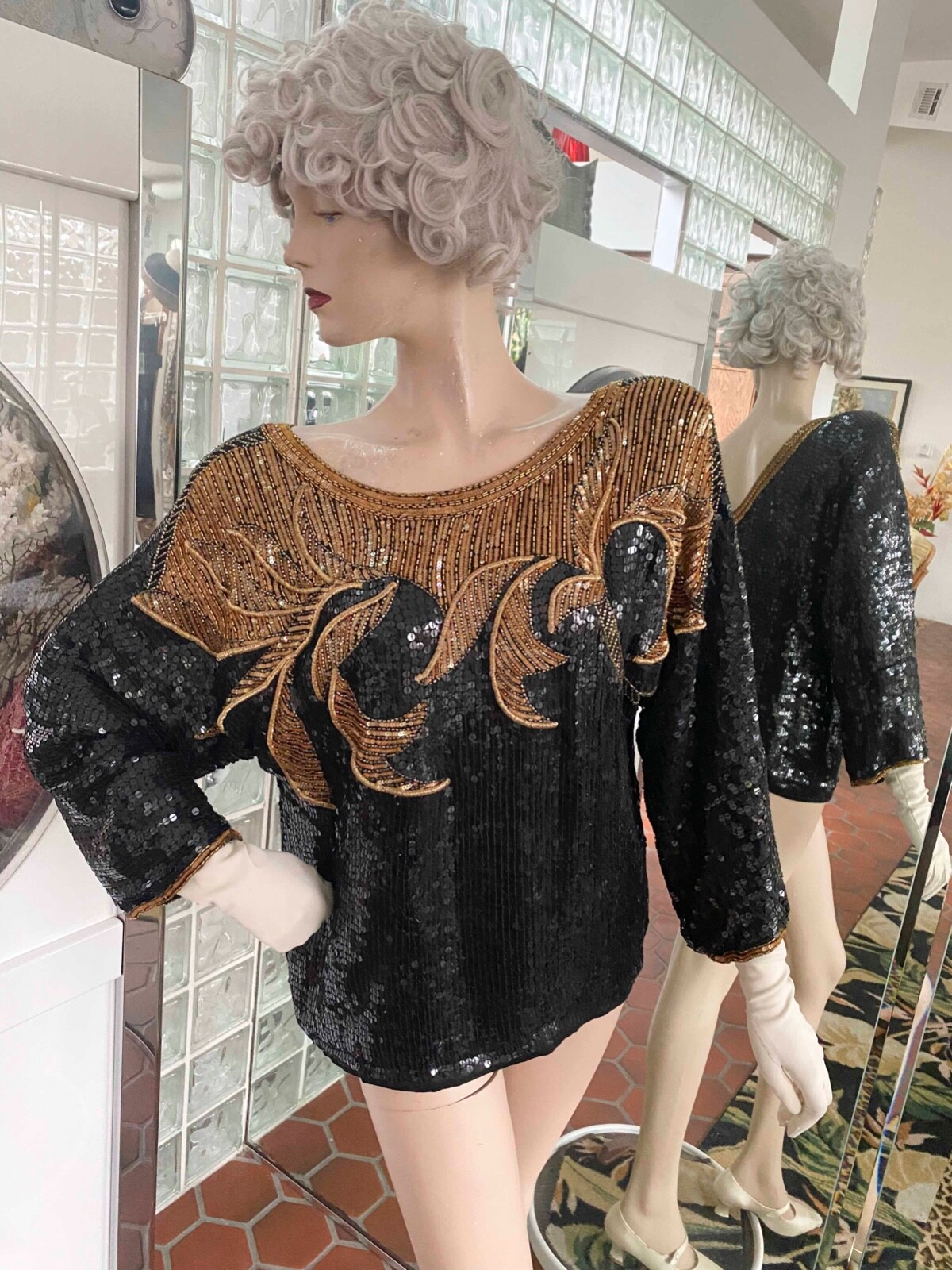 Judith Ann Creations Sequin Beaded 100% Silk Black Gold Top Evening sz L VTG 90s