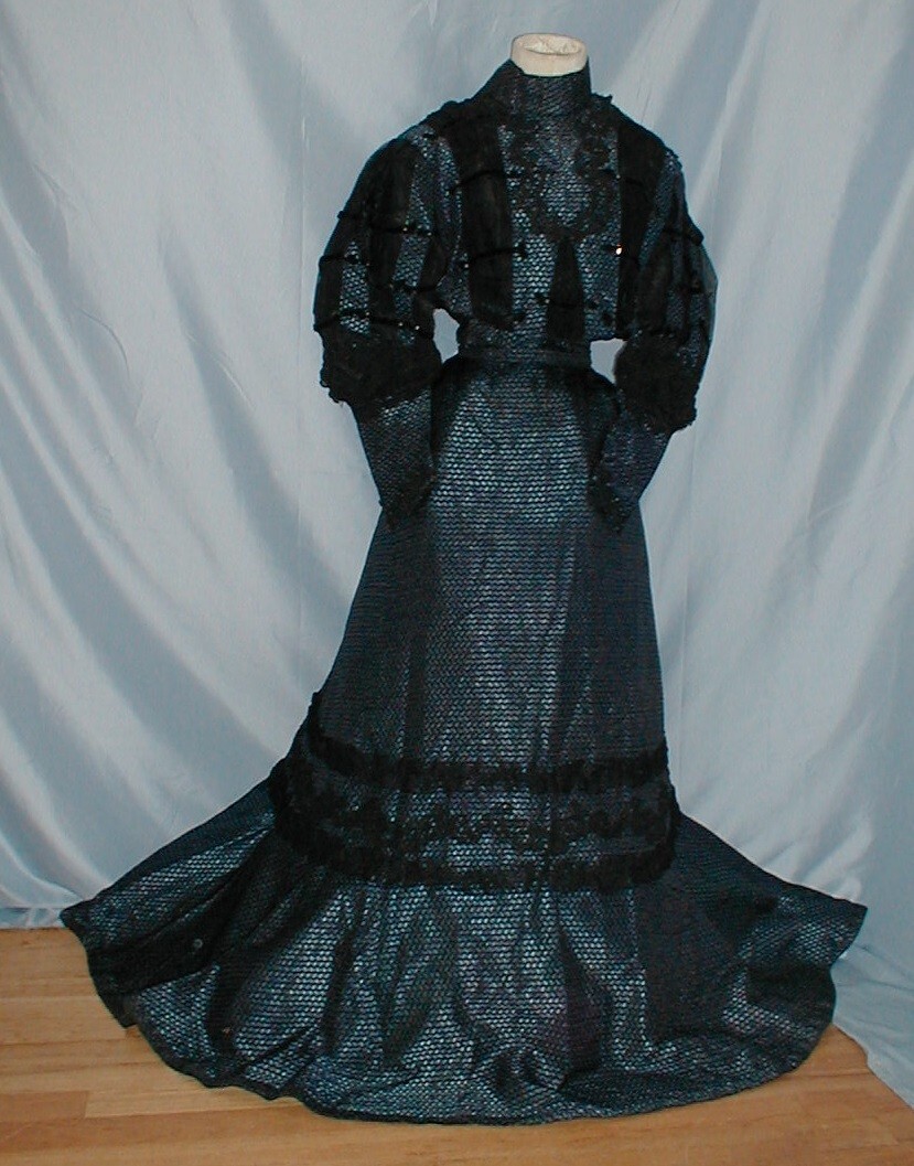 Ornate Antique Dress Victorian 1890’s Blue and Black Print Silk Lavish Trims