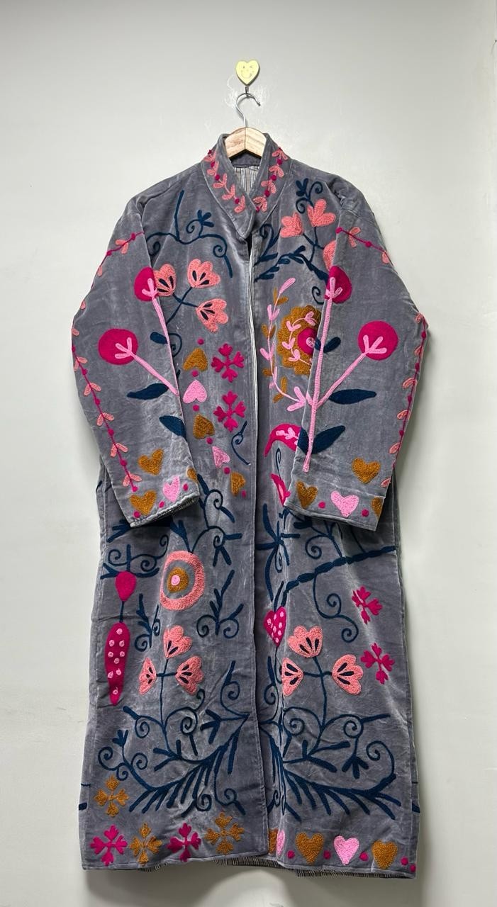 Woman’s Velvet Suzani Coat Embroidered Floral Boho Long Gown & Boho Jackets US