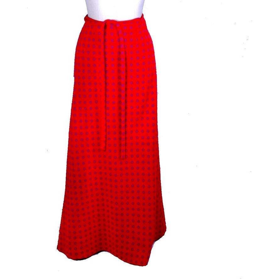 1960s Vintage Vuokko Wool Knit Maxi Skirt Red Blue Circle Print Sz 34/M