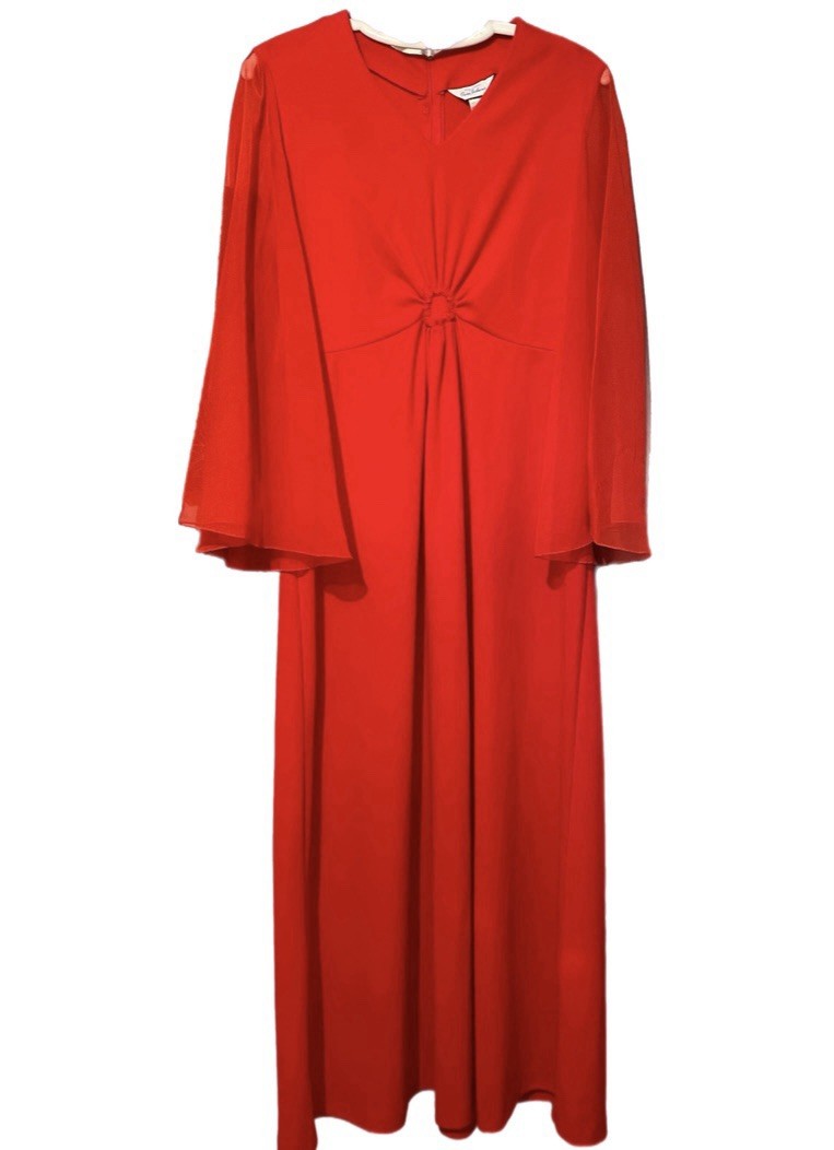 Vintage Sears Fashions Maxi Dress Evening Gown Women’s 18 Red Sheer Bell Sleeves