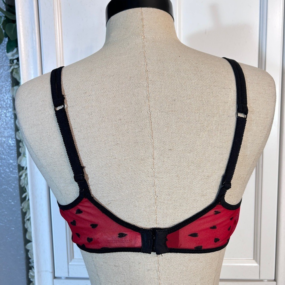 Vintage Red Mesh Heart Print Bra Sheer Black Trim 36B Sexy Date Night