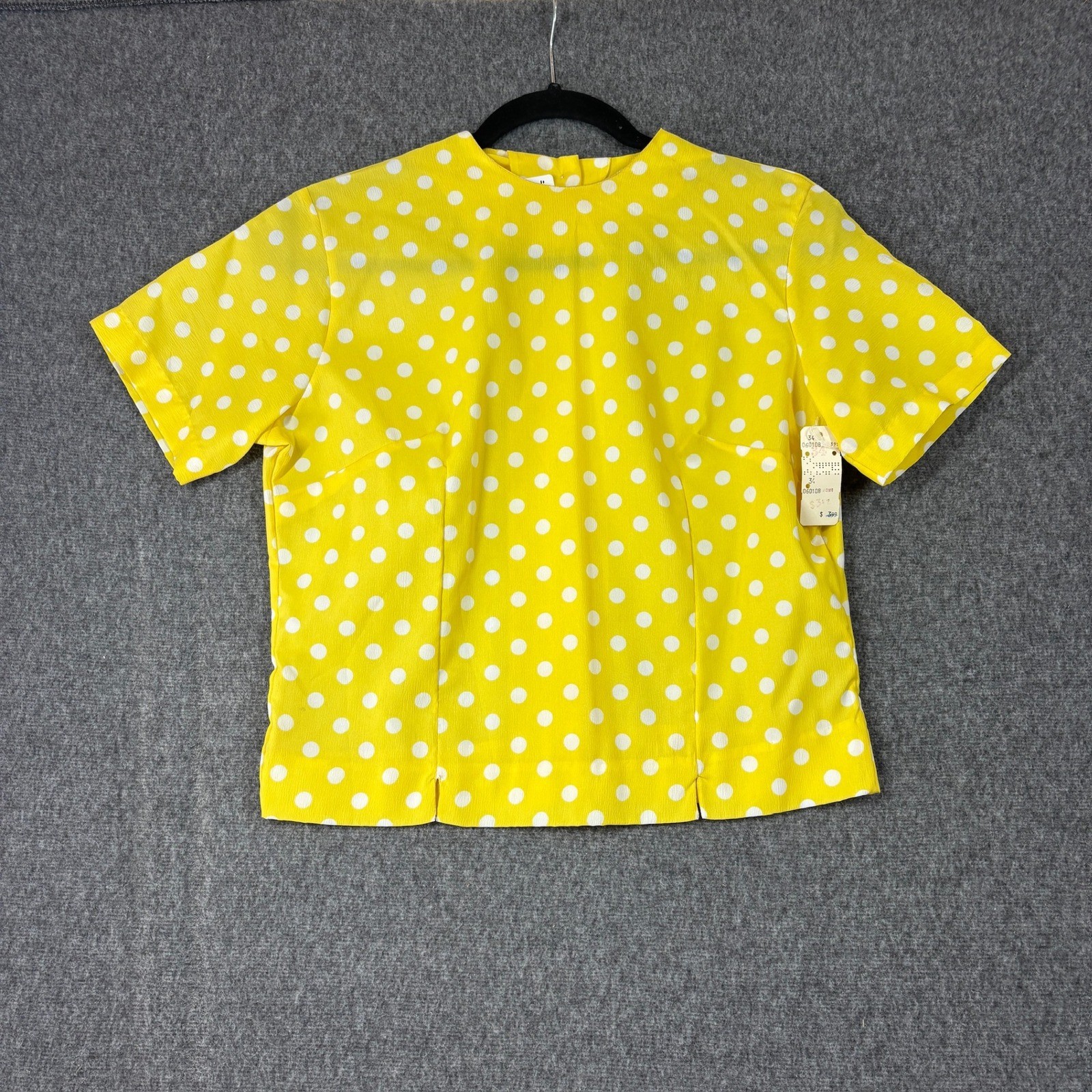 Vintage 50s Laura Mae Yellow Polka Dot Button Back Blouse Short Sleeve Size 34