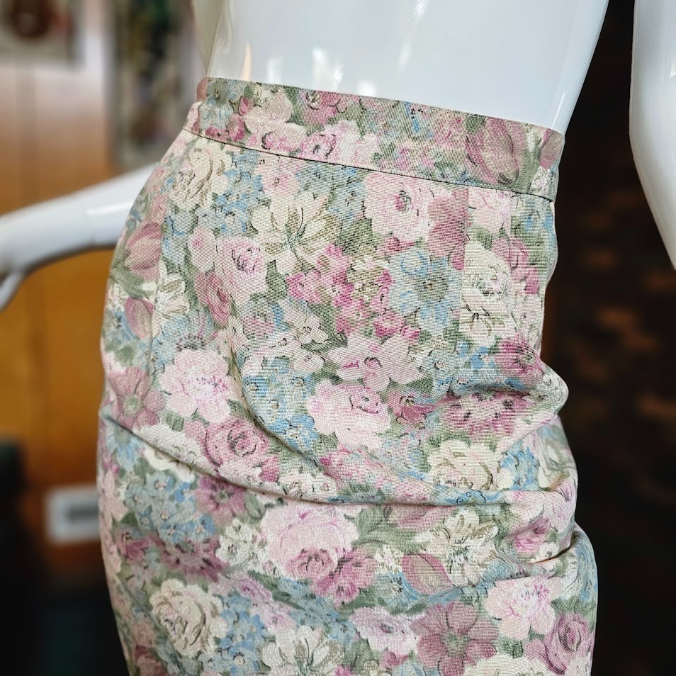 Vtg 80s Granny Cottage Floral Brat Pack High Waisted Secretary Pencil Skirt M